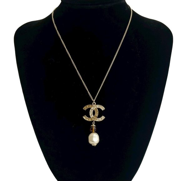 CHANEL Brown Pearl Logo Necklace
